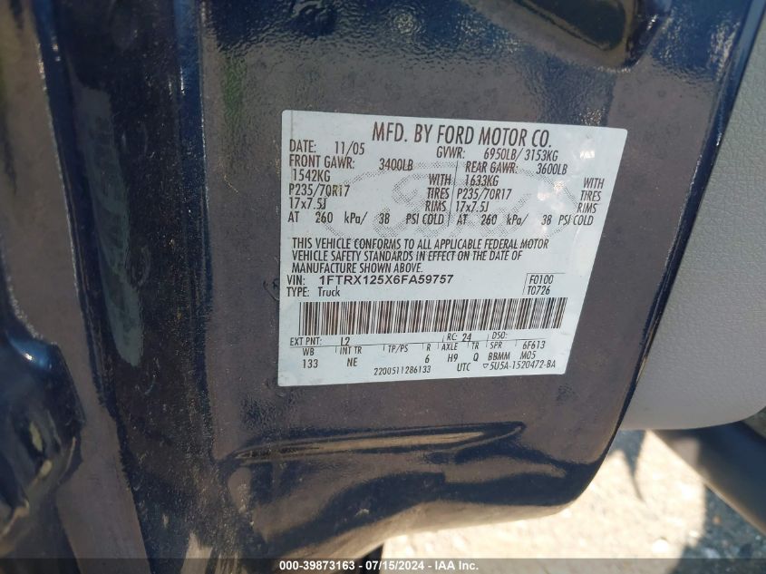 2006 Ford F-150 Lariat/Xl/Xlt VIN: 1FTRX125X6FA59757 Lot: 39873163