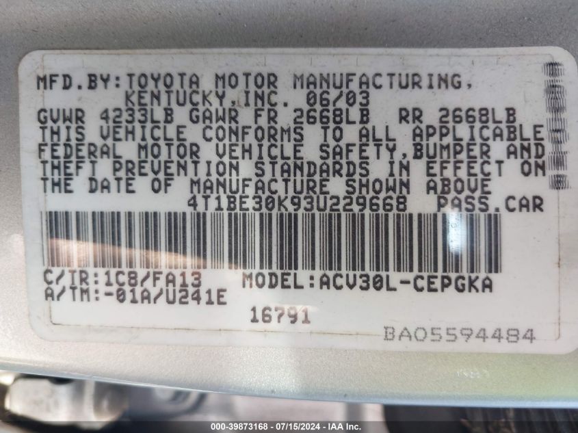 2003 Toyota Camry Xle VIN: 4T1BE30K93U229668 Lot: 39873168