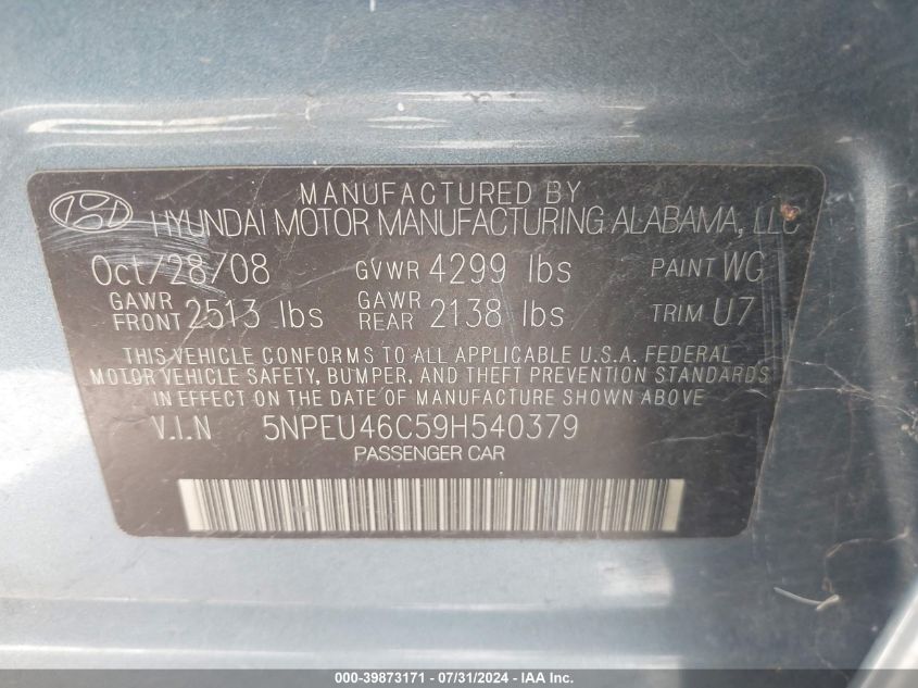 5NPEU46C59H540379 2009 Hyundai Sonata Limited
