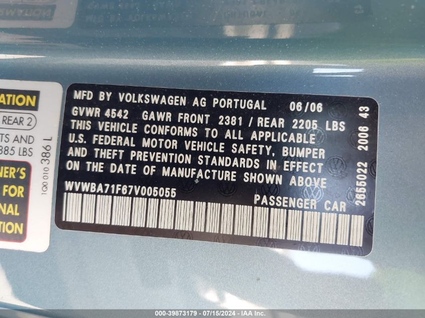 2007 Volkswagen Eos 2.0T VIN: WVWBA71F67V005055 Lot: 39873179