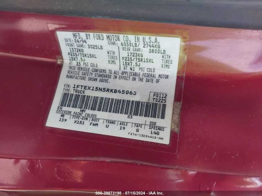 1994 Ford F150 VIN: 1FTEX15N5RKB45063 Lot: 39873198