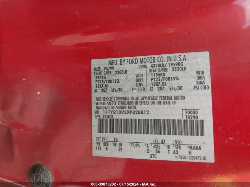 1999 Ford Ranger Xl/Xlt VIN: 1FTYR10V3XPB28812 Lot: 39873202