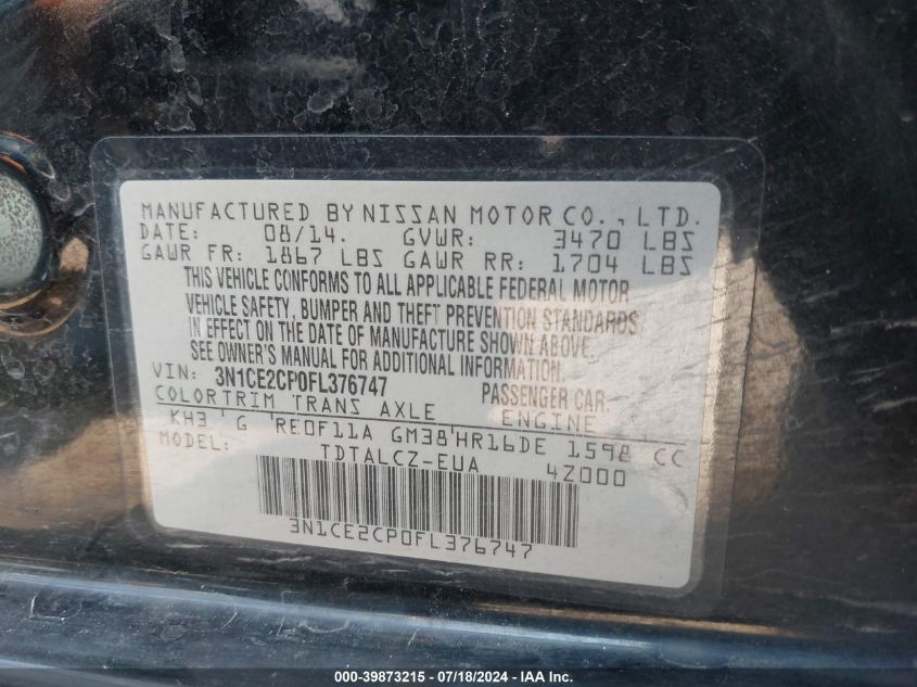 2015 Nissan Versa Note S Plus VIN: 3N1CE2CP0FL376747 Lot: 39873215