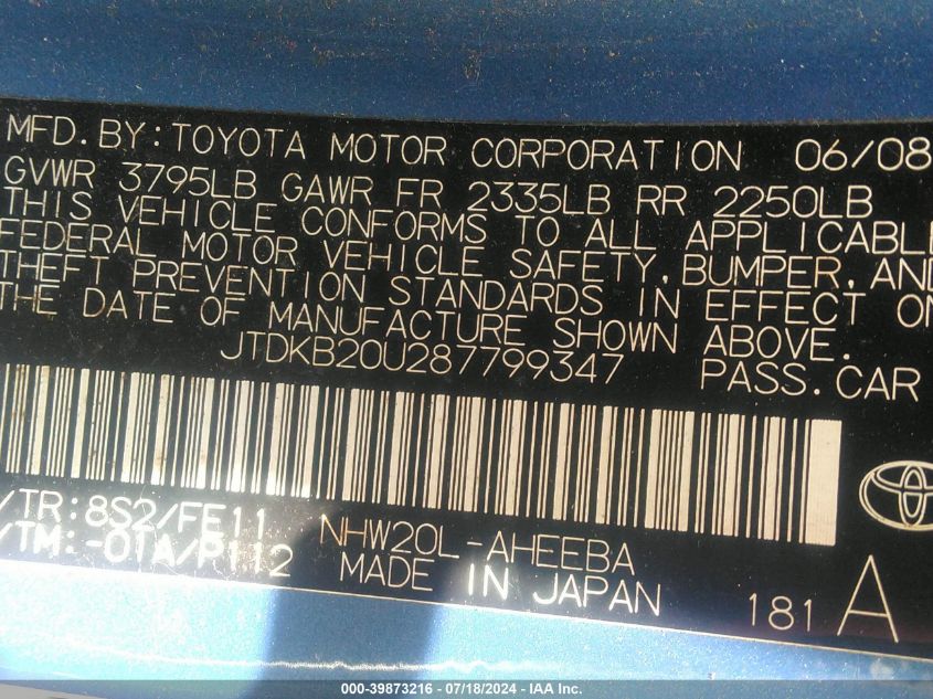 2008 Toyota Prius VIN: JTDKB20U287799347 Lot: 39873216