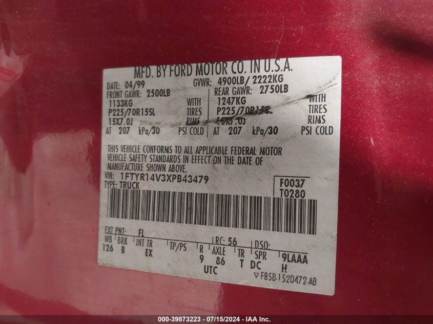 1999 Ford Ranger Xl/Xlt VIN: 1FTYR14V3XPB43479 Lot: 39873223