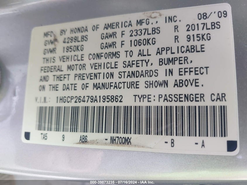 2009 Honda Accord 2.4 Lx-P VIN: 1HGCP26479A195862 Lot: 39873235
