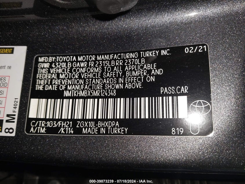 VIN NMTKHMBX5MR124348 2021 TOYOTA C-HR LE