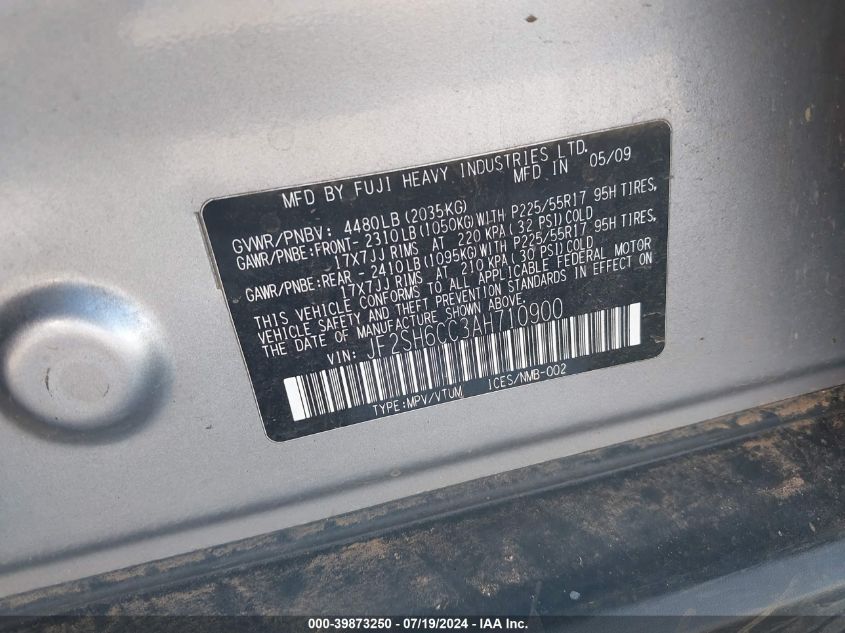 2010 Subaru Forester 2.5X Premium VIN: JF2SH6CC3AH710900 Lot: 39873250