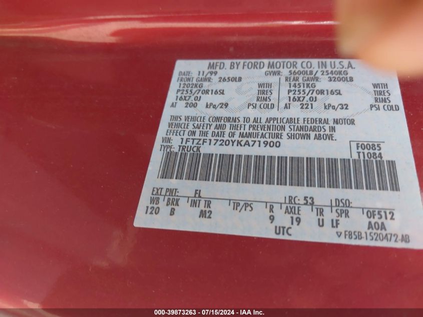 2000 Ford F-150 Work Series/Xl/Xlt VIN: 1FTZF1720YKA71900 Lot: 39873263