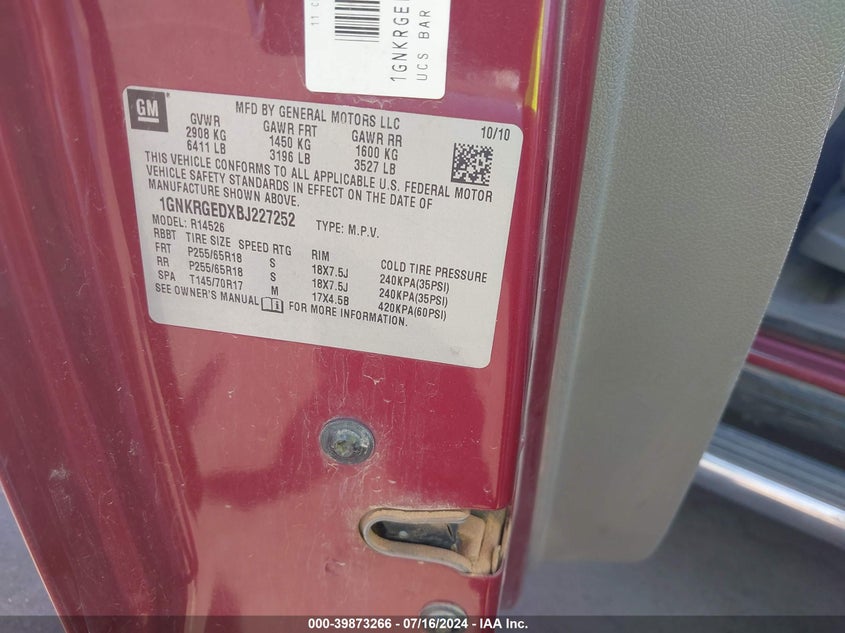 2011 Chevrolet Traverse 1Lt VIN: 1GNKRGEDXBJ227252 Lot: 39873266