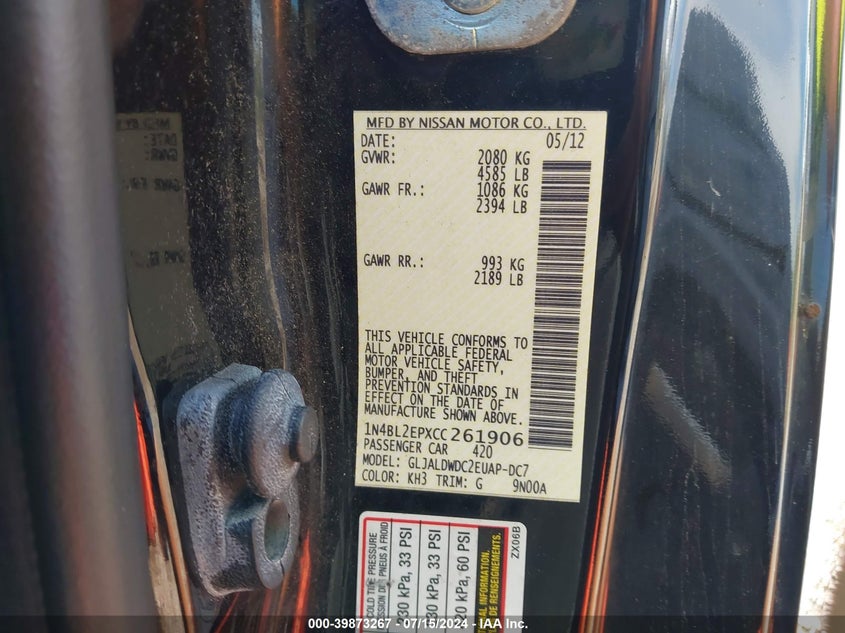 1N4BL2EPXCC261906 2012 Nissan Altima 3.5 Sr