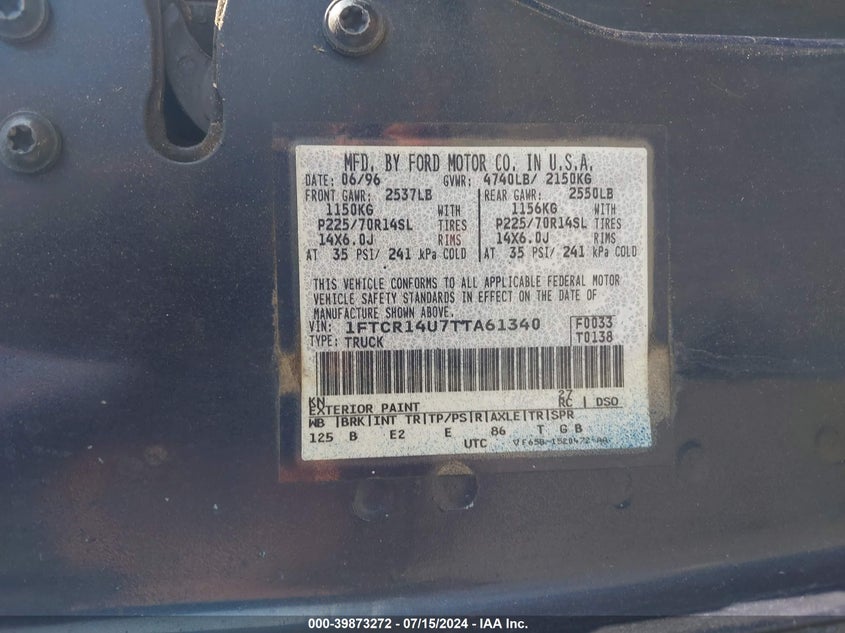 1996 Ford Ranger Super Cab VIN: 1FTCR14U7TTA61340 Lot: 39873272