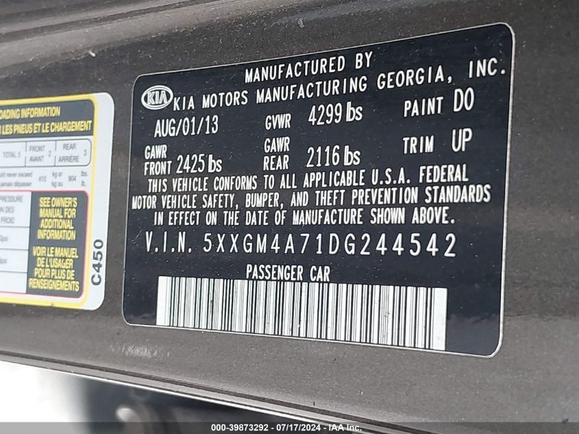 2013 Kia Optima Lx VIN: 5XXGM4A71DG244542 Lot: 39873292