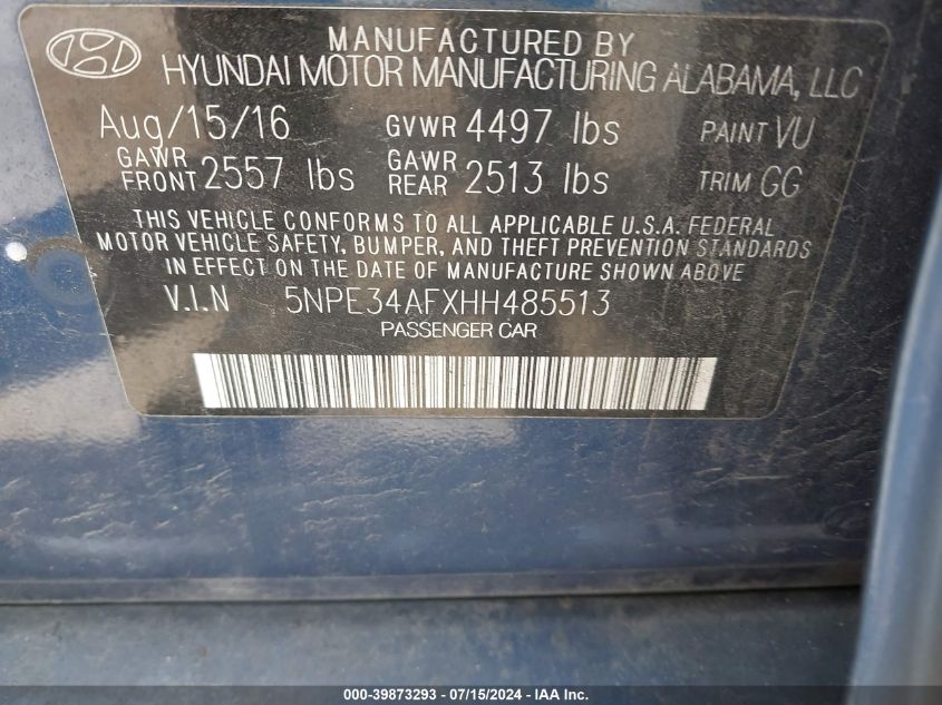 2017 Hyundai Sonata Sport VIN: 5NPE34AFXHH485513 Lot: 39873293