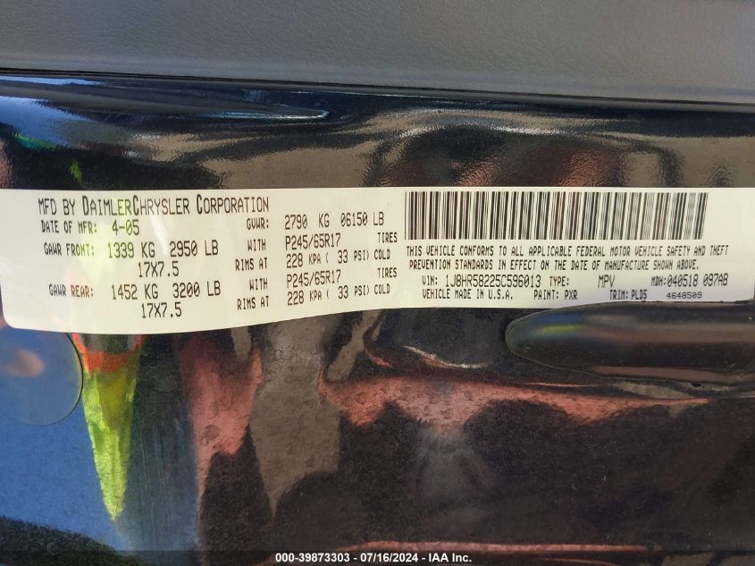 2005 Jeep Grand Cherokee Limited VIN: 1J8HR58225C596013 Lot: 39873303