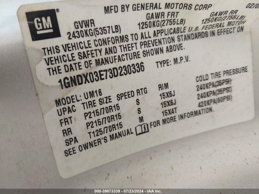 2003 Chevrolet Venture Ls VIN: 1GNDX03E73D230336 Lot: 39873339