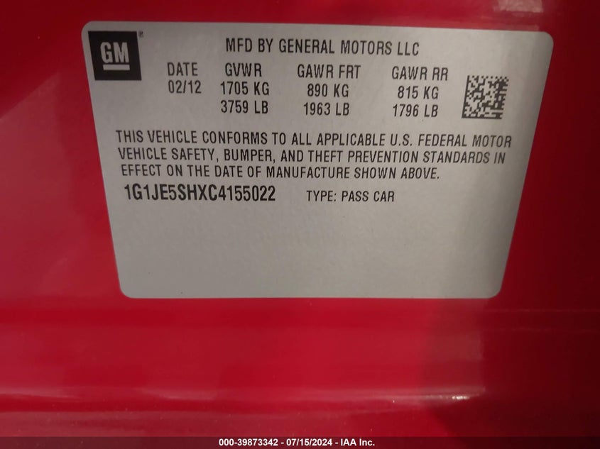 2012 Chevrolet Sonic 2Lz VIN: 1G1JE5SHXC4155022 Lot: 39873342