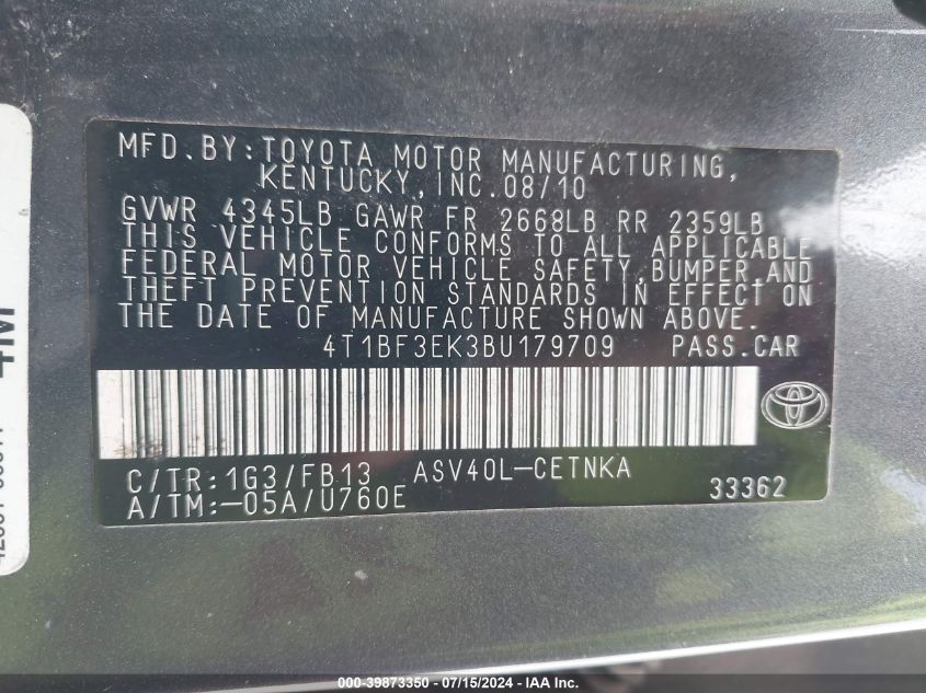 4T1BF3EK3BU179709 2011 Toyota Camry Le