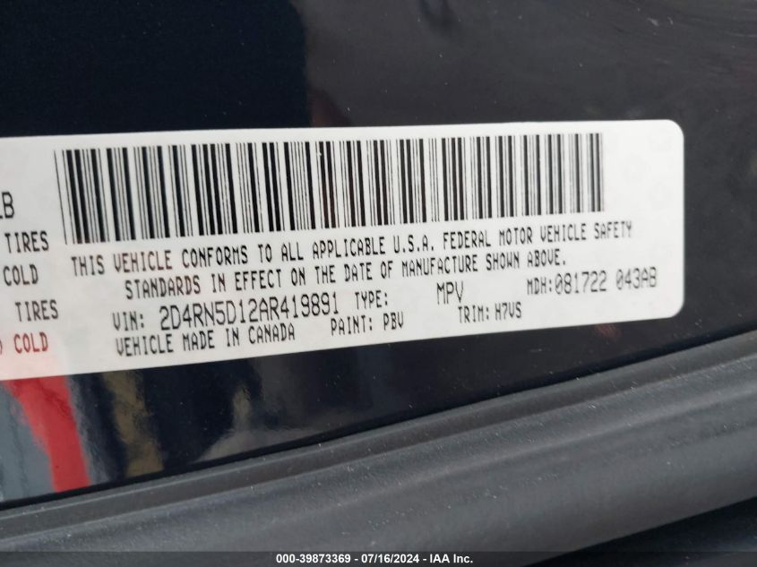 2010 Dodge Grand Caravan Sxt VIN: 2D4RN5D12AR419891 Lot: 39873369