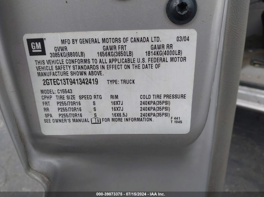 2004 GMC Sierra 1500 Slt VIN: 2GTEC13T941342419 Lot: 39873375