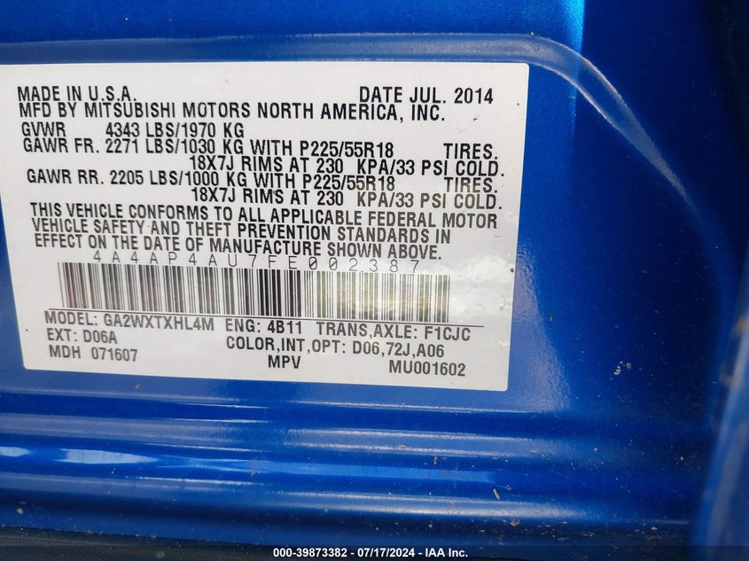 2015 Mitsubishi Outlander Sport Se/Gt VIN: 4A4AP4AU7FE002387 Lot: 39873382