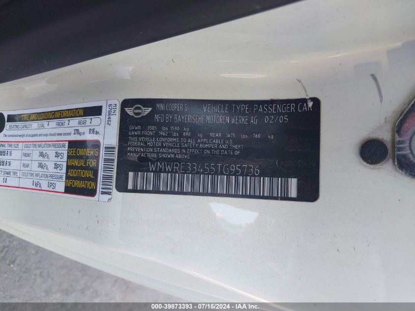 2005 Mini Cooper S VIN: WMWRE33455TG95736 Lot: 39873393