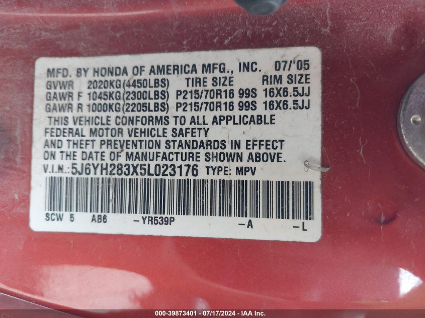 2005 Honda Element Lx VIN: 5J6YH283X5L023176 Lot: 39873401