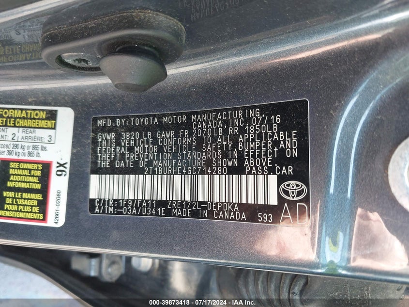 2016 TOYOTA COROLLA L - 2T1BURHE4GC714280