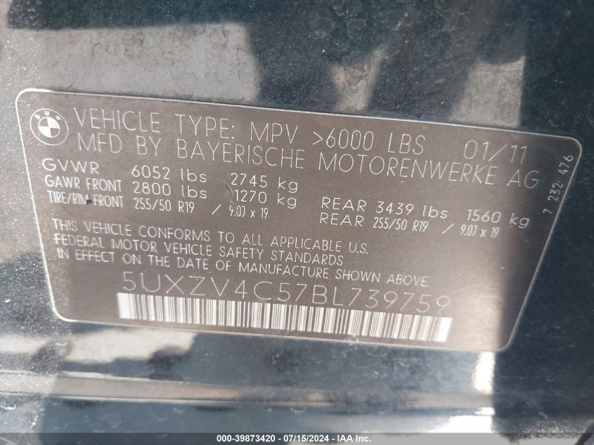 2011 BMW X5 xDrive35I/xDrive35I Premium/xDrive35I Sport Activity VIN: 5UXZV4C57BL739759 Lot: 39873420