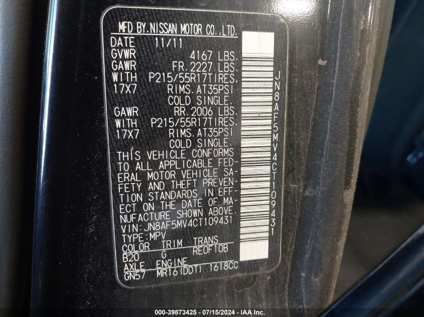 2012 Nissan Juke Sv VIN: JN8AF5MV4CT109431 Lot: 39873425