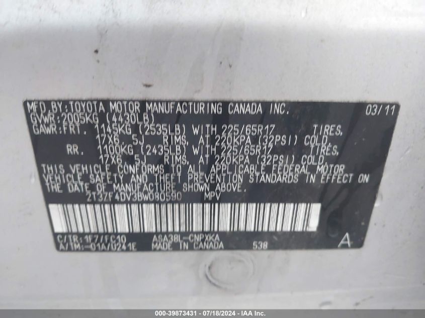 2011 Toyota Rav4 VIN: 2T3ZF4DV3BW080590 Lot: 39873431