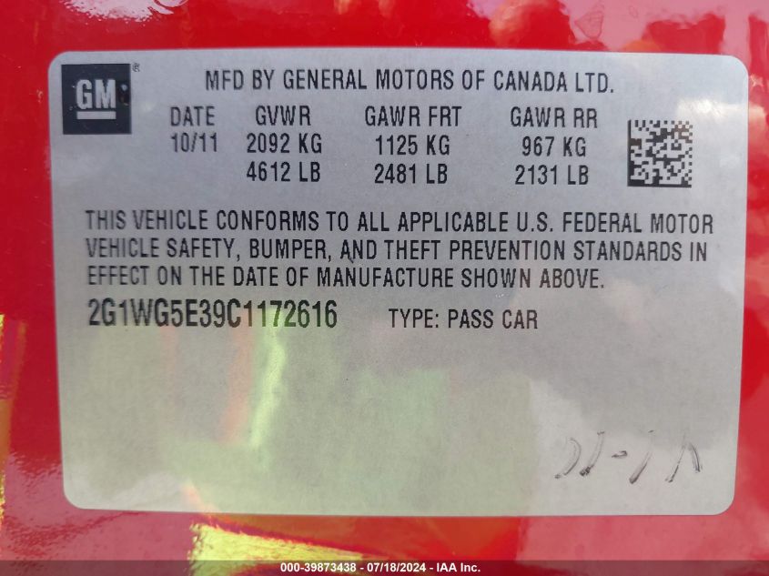 2012 Chevrolet Impala Lt VIN: 2G1WG5E39C1172616 Lot: 39873438
