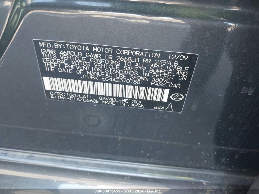 2010 Lexus Es 350 VIN: JTHBK1EG4A2370788 Lot: 39873451