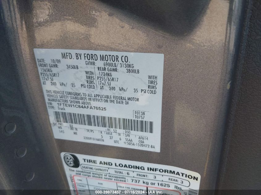 2010 Ford F-150 Fx2 Sport/Xl/Xlt VIN: 1FTEW1C84AFA76525 Lot: 39873457