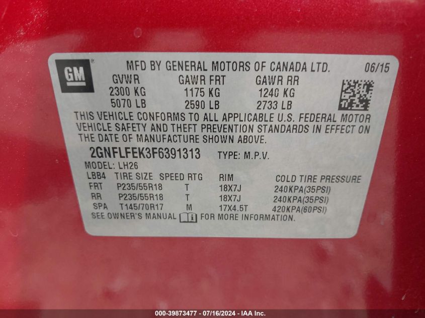 2GNFLFEK3F6391313 2015 Chevrolet Equinox 1Lt