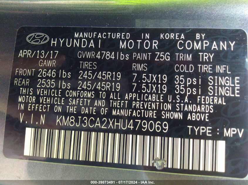 2017 Hyundai Tucson Night VIN: KM8J3CA2XHU479069 Lot: 39873491