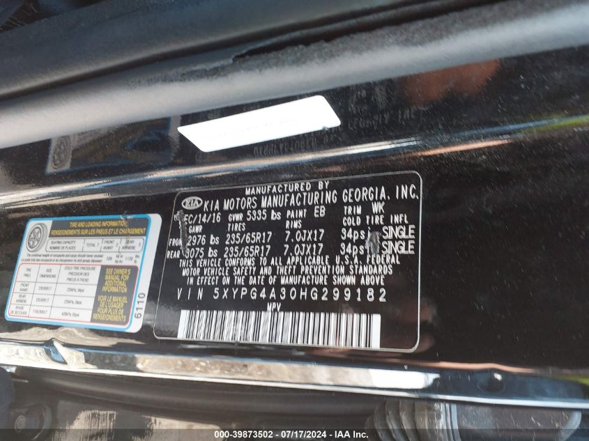 2017 Kia Sorento Lx/L VIN: 5XYPG4A30HG299182 Lot: 39873502