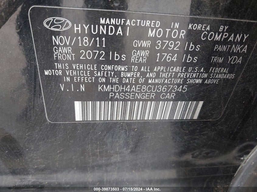 2012 Hyundai Elantra Gls (Ulsan Plant) VIN: KMHDH4AE8CU367345 Lot: 39873503