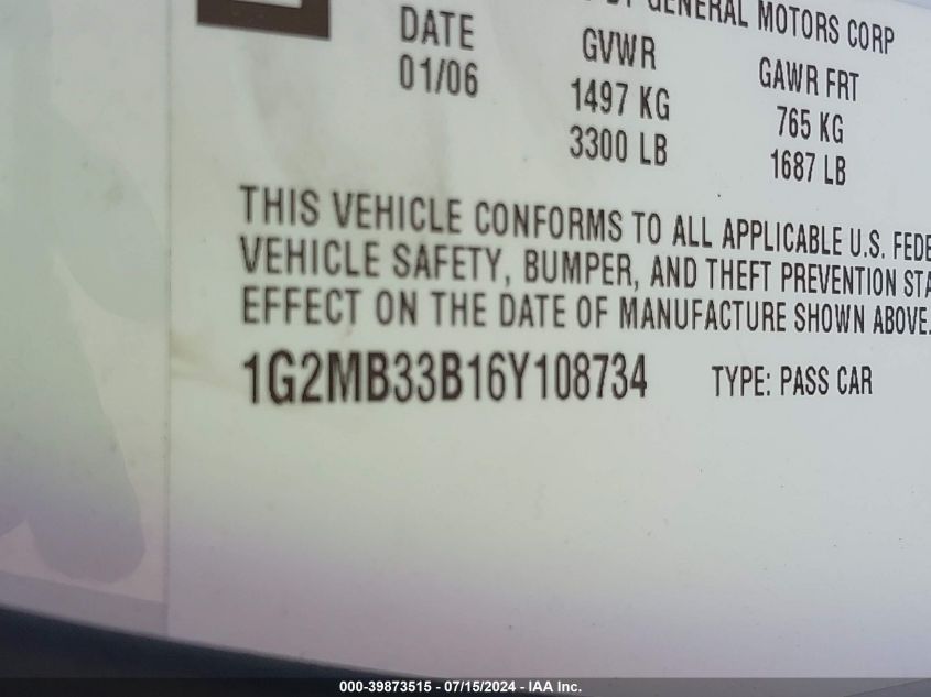 2006 Pontiac Solstice VIN: 1G2MB33B16Y108734 Lot: 39873515