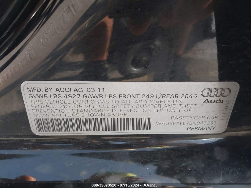 2011 Audi A4 2.0T Premium VIN: WAUBFAFL7BN047253 Lot: 39873528