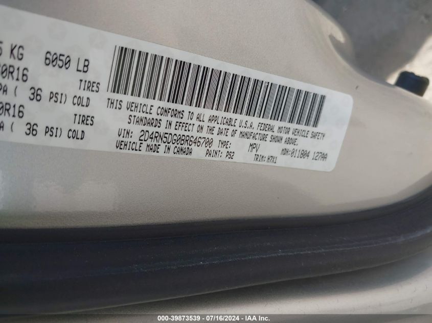 2011 Dodge Grand Caravan Crew VIN: 2D4RN5DG0BR646700 Lot: 39873539