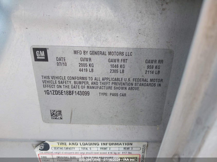 2011 Chevrolet Malibu 2Lt VIN: 1G1ZD5E18BF143099 Lot: 39873545