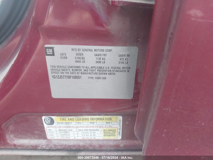 2008 Chevrolet Malibu Lt VIN: 1G1ZJ57778F198551 Lot: 39873546