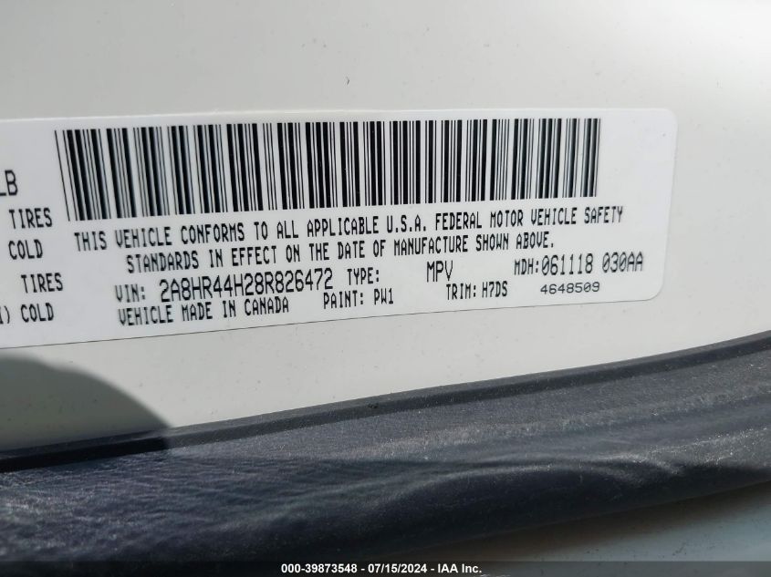 2008 Chrysler Town & Country Lx VIN: 2A8HR44H28R826472 Lot: 39873548