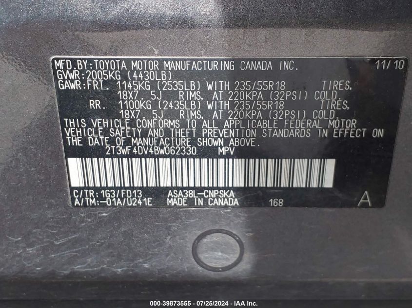 2011 Toyota Rav4 Sport VIN: 2T3WF4DV4BW062330 Lot: 39873555