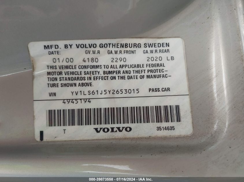 2000 Volvo S70 Se VIN: YV1LS61J5Y2653015 Lot: 39873558