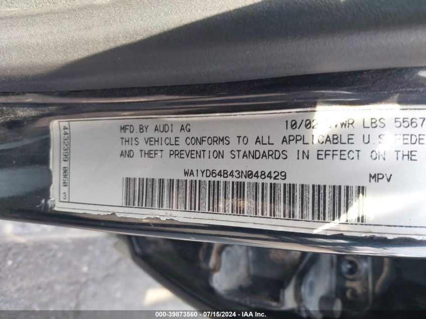 2003 Audi Allroad 2.7T VIN: WA1YD64B43N048429 Lot: 39873560