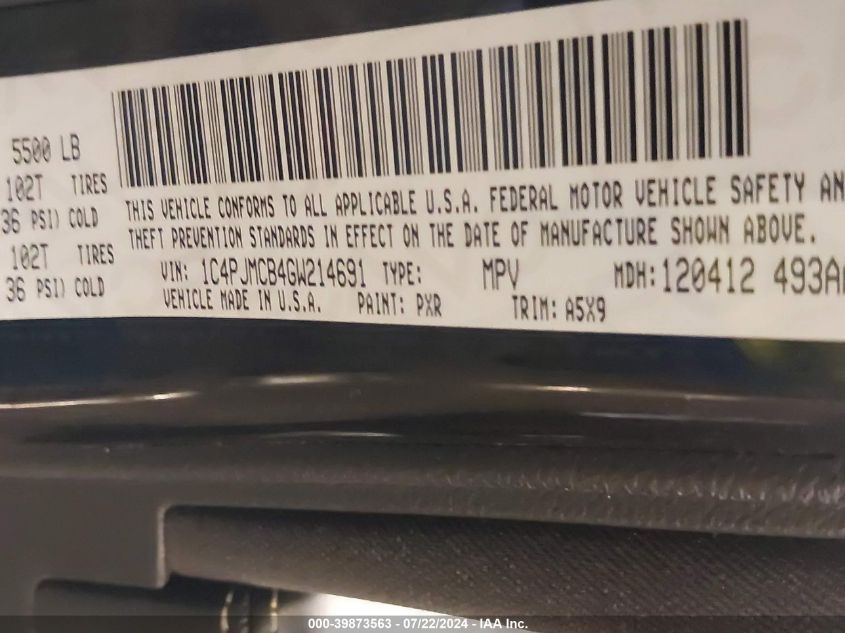 2016 Jeep Cherokee Latitude VIN: 1C4PJMCB4GW214691 Lot: 39873563