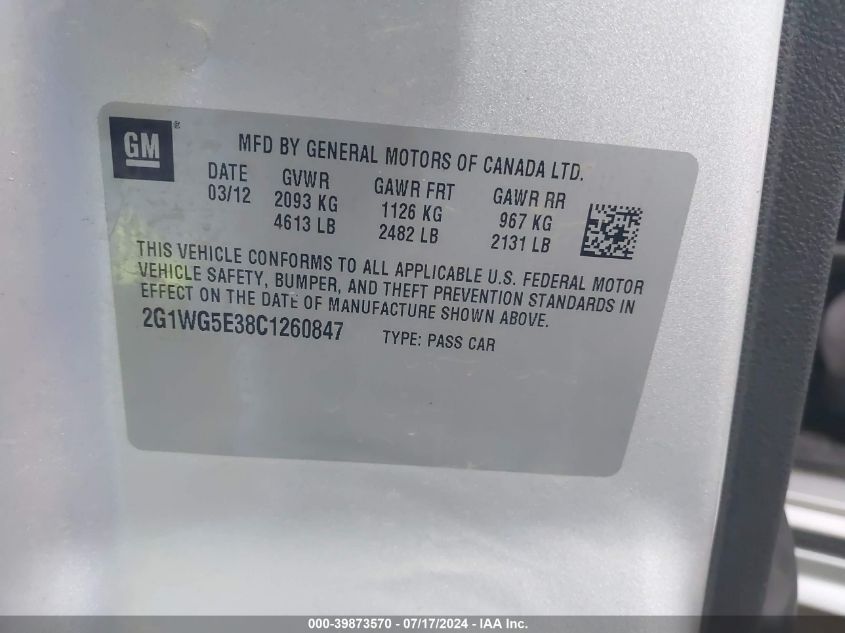 2012 Chevrolet Impala Lt VIN: 2G1WG5E38C1260847 Lot: 39873570