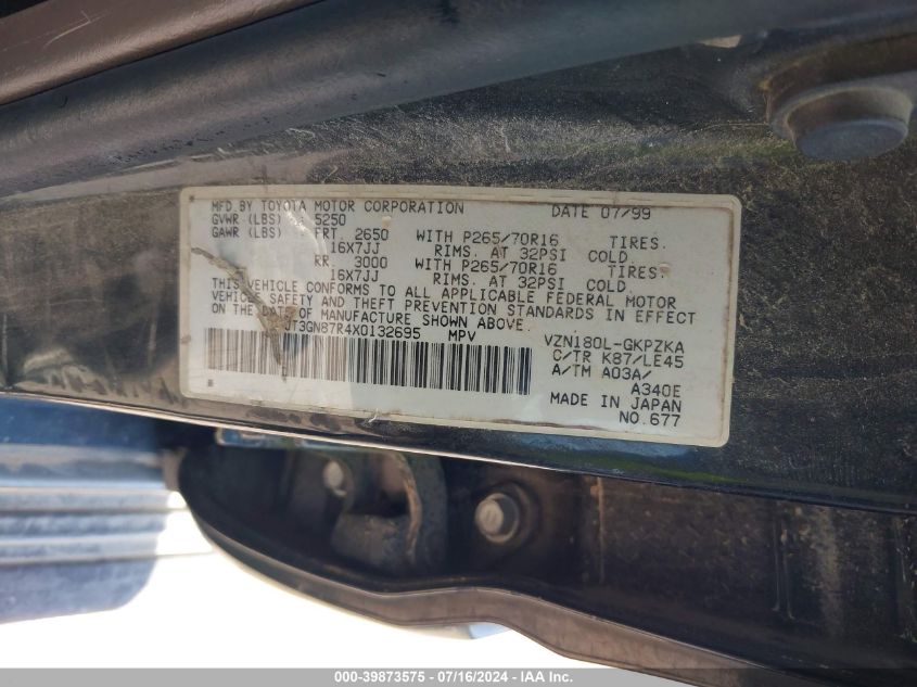 1999 Toyota 4Runner Limited VIN: JT3GN87R4X0132695 Lot: 39873575
